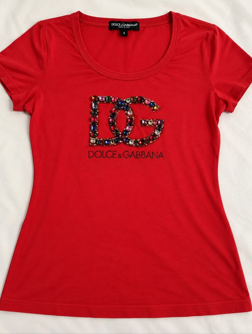Dolce & Gabbana Red Crystal Jeweled DG Logo T-Shirt Size S